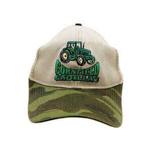 Cornfield Cadillac Beige Green Mesh Strapback Hat Embroidered
